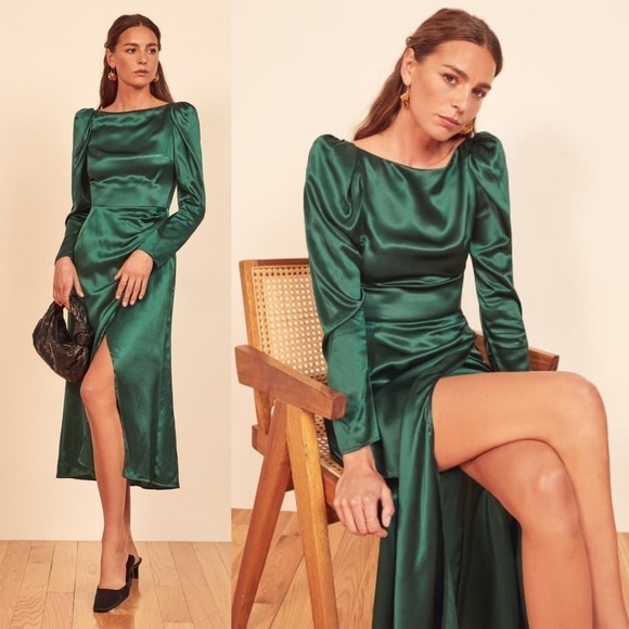Reformation Dress Cameron Long Sleeve Silk Slit Midi Wedding Emerald 12 GUC - Picture 8 of 8